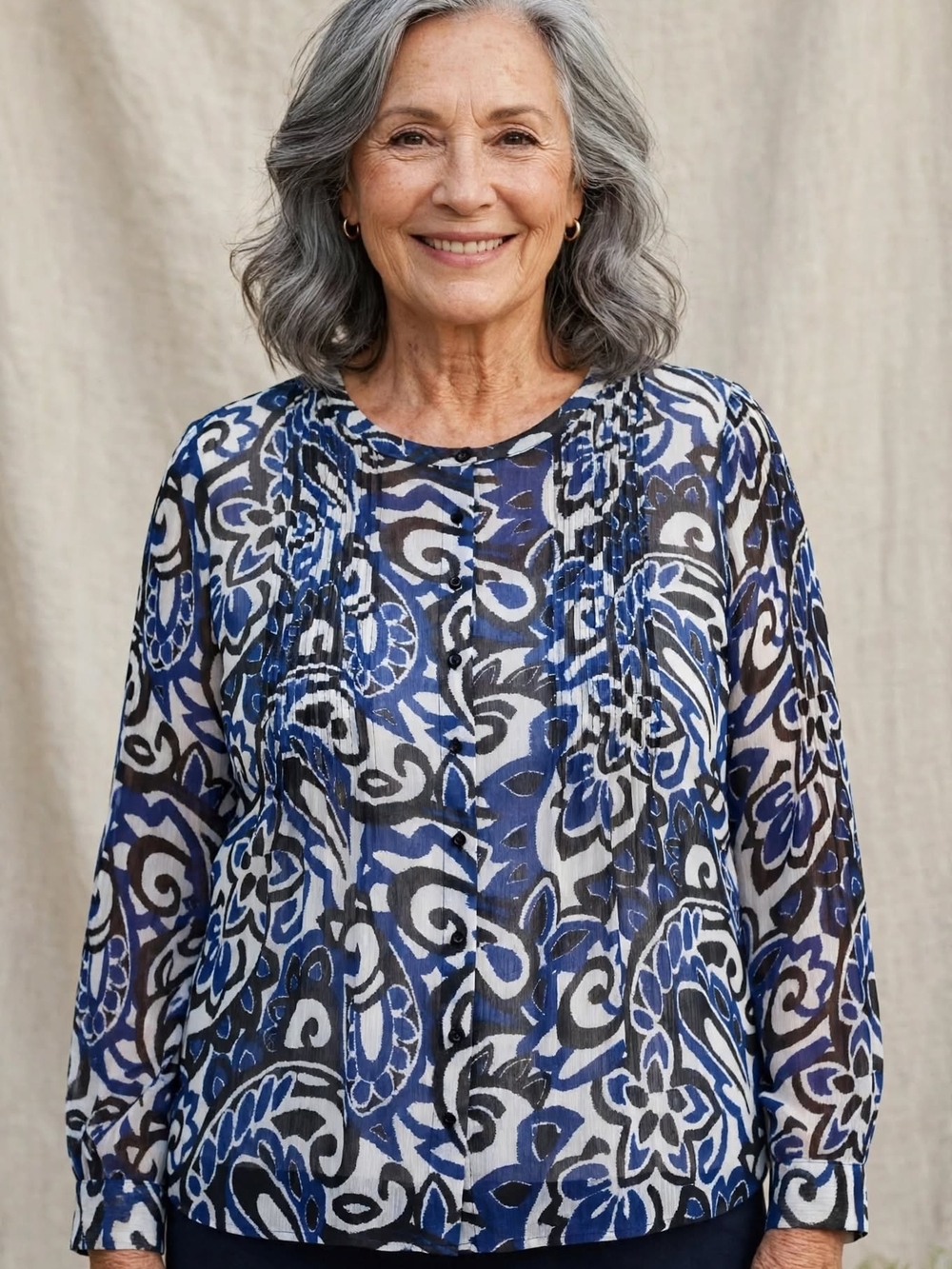 Coldwater Creek Blue Black Floral Pintuck Peasant Blouse